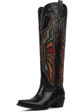 Women's Black Cowboy Knee High Chunky Heel Butterfly Cowgirl Boots Wide Calf